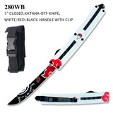 Armed Force Tactical OTF Knife w/Sheath Black, Red Printed Stainless-Steel Blade/White, Black & Red Katana Style Handle SKU 280WB