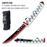 Armed Force Tactical OTF Knife w/Sheath Black, Red Printed Stainless-Steel Blade/White, Black Katana Style Handle SKU 280WOB