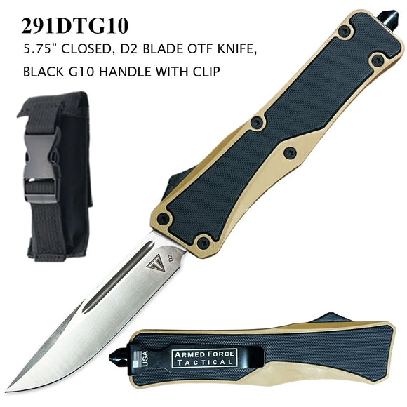 Armed Force Tactical OTF Knife w/Sheath D2 Stainless-Steel Blade/Desert Tan Zinc Alloy Handle with G10 Scales SKU 291DTG10