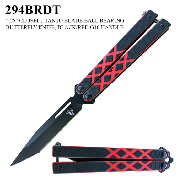 Armed Force Tactical Butterfly Knife Black Stainless-Steel Blade/Black Stainless-Steel Handle with Black & Red G10 Overlays SKU 294BRDT