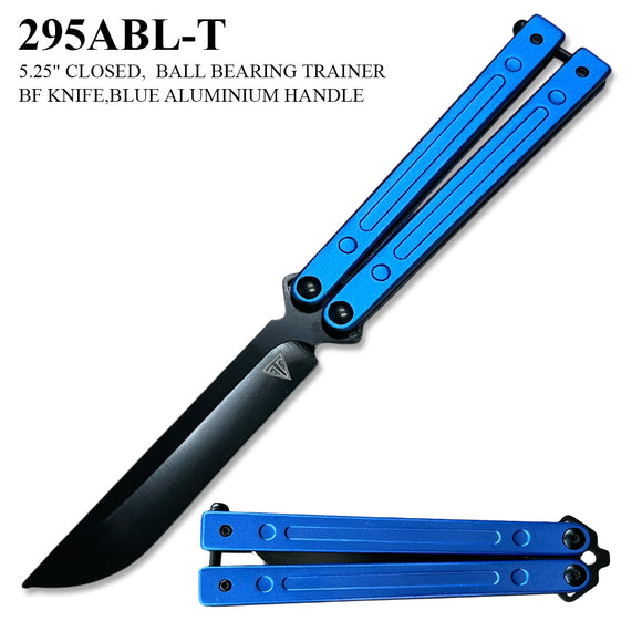 Armed Force Tactical Ball Bearing Butterfly Training Knife Black 440C Stainless-Steel Dull Blade/Blue Aluminum Handle SKU 295ABL-T