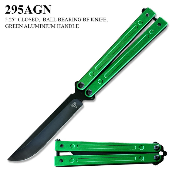 Armed Force Tactical Ball Bearing Butterfly Knife Black 440C Stainless-Steel Blade/Green Aluminum Handle SKU 295AGN