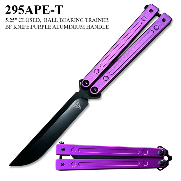 Armed Force Tactical Ball Bearing Butterfly Training Knife/Black 440C Stainless-Steel Dull Knife/Purple Aluminum Handle SKU 295APE-T