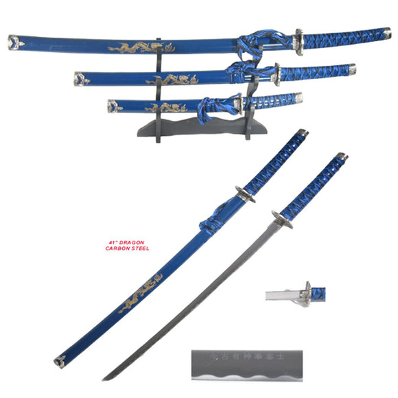 3 Pc Samurai Katana Sword Set Blue Dragon Design SKU 2206D