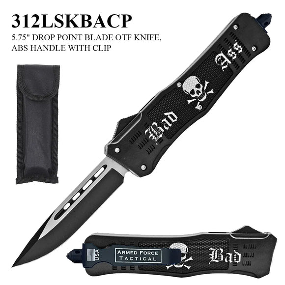 Armed Force Tactical OTF Knife w/Sheath Black & Silver Stainless-Steel Drop Point Blade/Black Joly Roger Bad Ass ABS Handle SKU 312LSKBACP