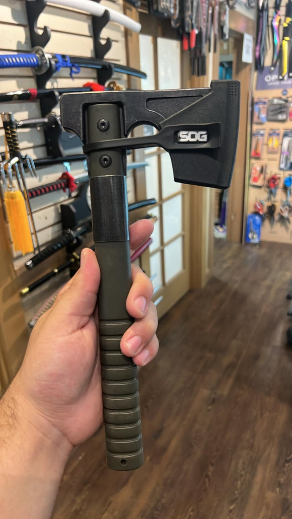 SOG Camp Axe Black Stonewashed OD Green Hatchet SKU CH1002-CP