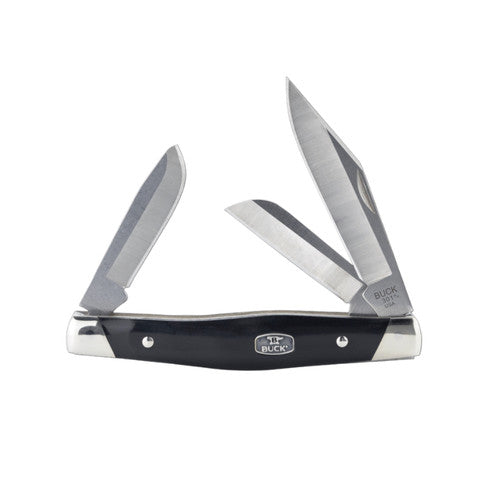 Buck Stockman 3 Blade Slip Joint Knife 420HC Stainless-Steel Blades/Black Synthetic Handle with Silver Bolsters SKU 0301BKS1-B
