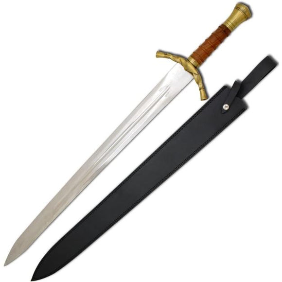 Medieval Warrior Fantasy Sword w/Leather Sheath 440 Stainless-Steel Blade/Wood Handle with Brass Pommel 40