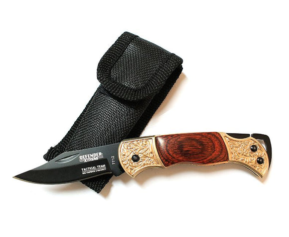 Defender-Xtreme Mini Tactical Folding Knife Black 440 SS/Wood & Bronze Color Handle w/Sheath SKU 7712