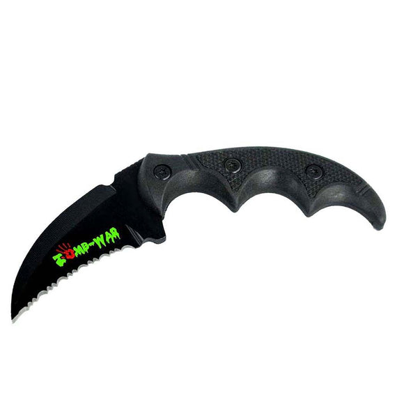 Zomb-War Boot Skinner Knife w/Sheath Black Serrated Steel Blade/Black Handle SKU 8172