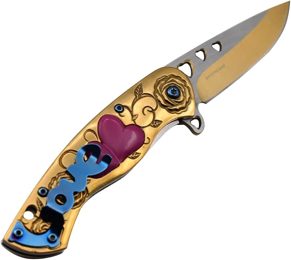Snake Eye Spring Assist Cupid Heart Knife 3CR13 Steel/Gold