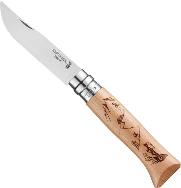 Opinel No. 8 Alpine Adventures Engraved Folding Knife Hiking/Beechwood SKU 002186