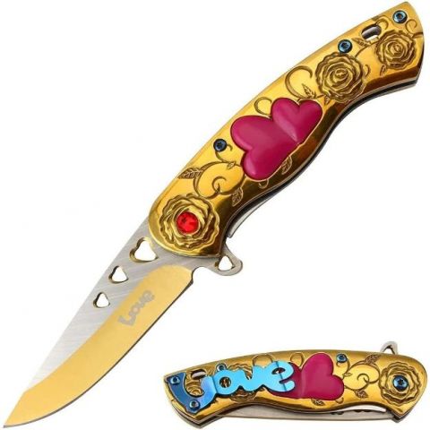 Snake Eye Spring Assist Cupid Heart Knife 3CR13 Steel/Gold Handle SKU SE-5216GD