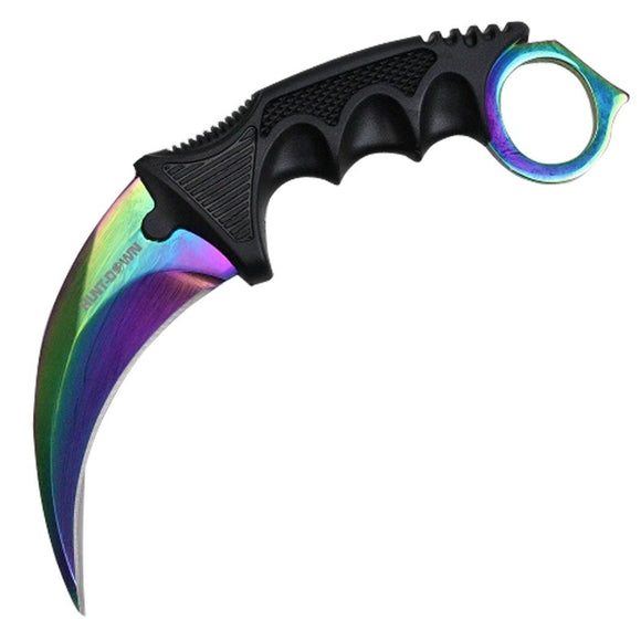 Hunt-Down Fixed Blade Karambit Knife Iridescent SS/Black Handle w/Sheath SKU 9581