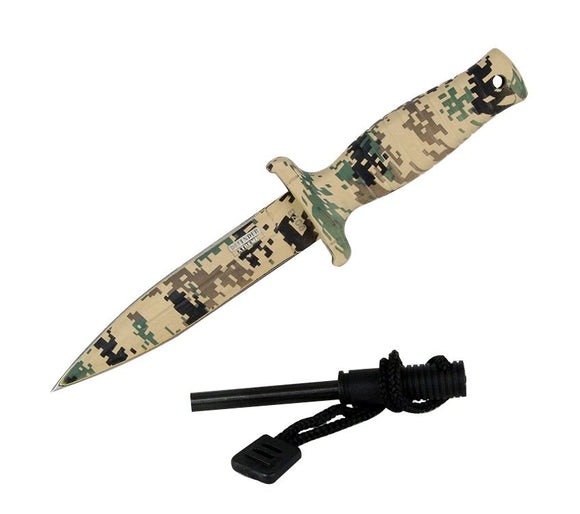 Defender-Xtreme Mini Hunting Knife Desert Camo Blade & Handle w/Sheath and Firestarter SKU 9073