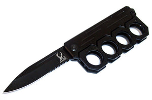 The Bone Edge Spring Assist Finger Guard Handle Folding Knife Black Half Serr. Steel Blade/Black Steel Handle SKU 6800