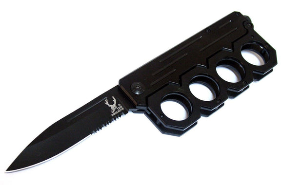 The Bone Edge Spring Assist Finger Guard Handle Folding Knife Black Half Serr. Steel Blade/Black Steel Handle SKU 6800