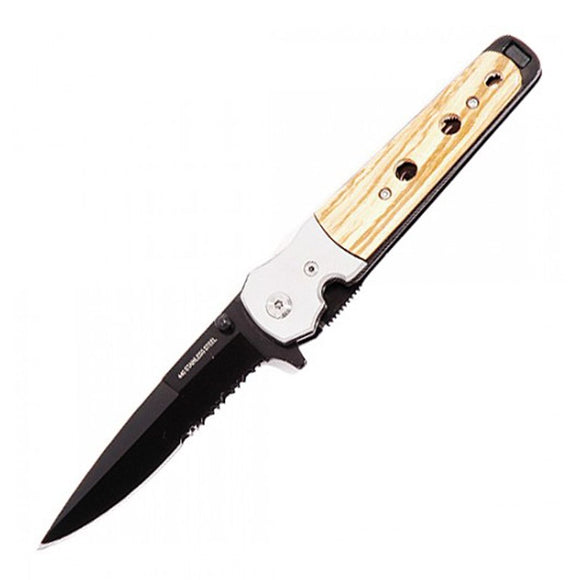 Spring Assisted Knife Carbon Steel Wood Handle SKU 5238