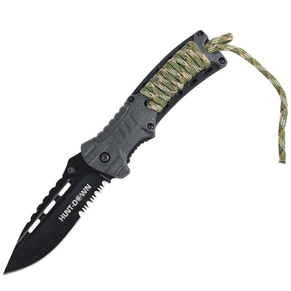 Hunt-Down Spring Assist Knife Black Serrated SS Blade/Paracord Handle w/Firestarter & Whistle SKU 9534