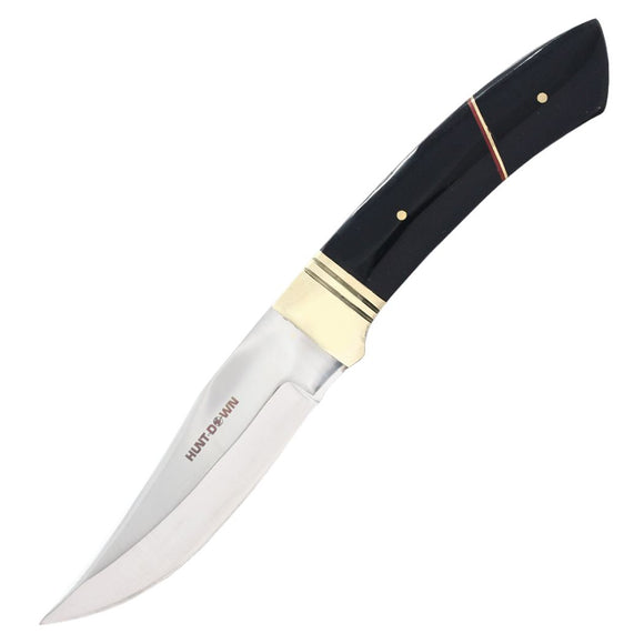 Huntdown Full Tang Fixed Blade Knife Surgical Steel Blade/Real Horn Black Handle w/Sheath SKU 9333
