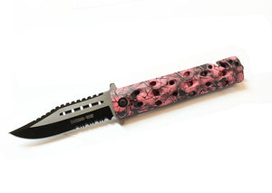8.5" Zombie War Pink & Black Skull Design Spring Assisted Knife with Belt Clip SKU 7668