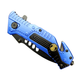 8" Black Finished Blade Blue & Black Aluminum Handle Spring Assisted Folding Knife With Belt Cutter SKU 13944