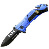 8" Black Finished Blade Blue & Black Aluminum Handle Spring Assisted Folding Knife With Belt Cutter SKU 13944