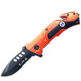 8" Black Finished Blade Orange & Black Aluminum Handle Spring Assisted Folding Knife With Belt Cutter SKU 13946