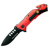 8" Black Finished Blade Red & Black Aluminum Handle Spring Assisted Folding Knife With Belt Cutter SKU 13945