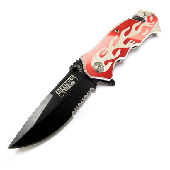 Defender-Xtreme Spring Assist Flame Design Folding Knife SKU 7970