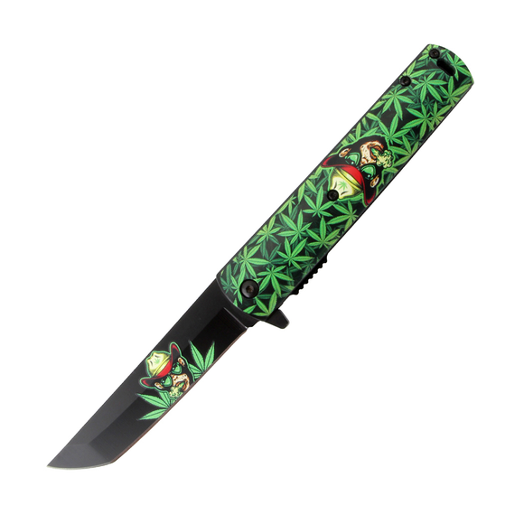 Green Leaves Handle Monkey Design Spring Assisted Folding Knife W/ Belt Clip SKU 13957