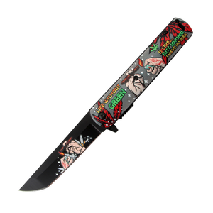 Grey Handle Hands Design Spring Assisted Folding Knife W/ Belt Clip SKU 13958