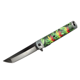 Spring Assisted Black Blade Pot Leaf Handle Folding Knife SKU 13880