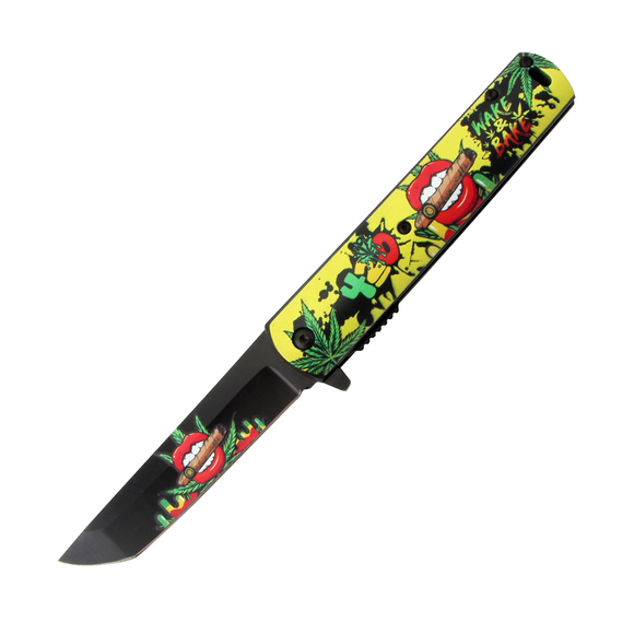Yellow Handle Lips Design Spring Assisted Folding Knife W/ Belt Clip SKU 13960