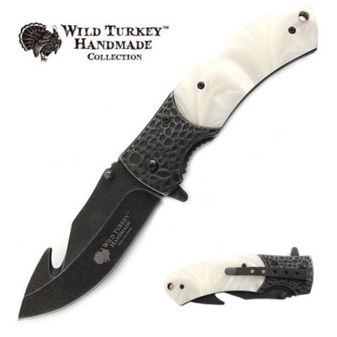 Wild Turkey Spring Assist Knife w/Gut Hook Black SS/White Pearl Design Handle SKU WT-5016WH