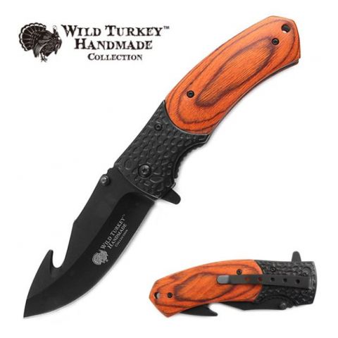 Wild Turkey Spring Assist Knife w/Gut Hook Black SS/Wood Handle SKU WT-5016WD