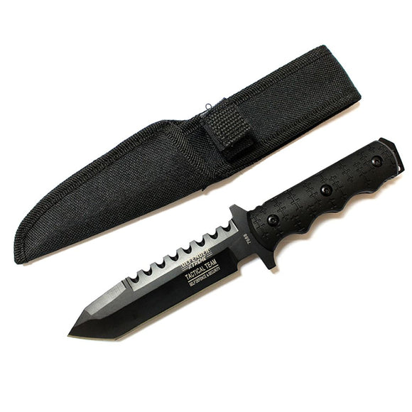 Defender Xtreme Tactical Team All Black Serrated Blade Hunting Knife with Sheath SKU 7688