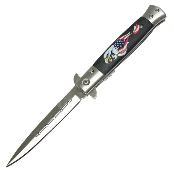 Stiletto Style Spring Assist Knife Stainless-Steel/3D Print Handle USA Flag/Eagle SKU 13752
