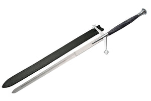 52" Claymore Sword w/Leather Sheath Stainless-Steel Blade/Black Spiral Wood Handle with Silver Pommel & Guard SKU 901042-BK