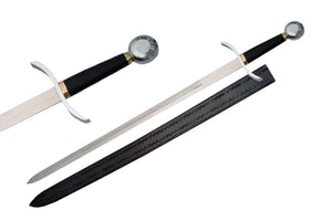 41.25" Silver Knight Sword w/Leather Sheath Stainless-Steel Blade/Black Handle with Silver Pommel & Guard SKU 901113