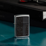 Zippo Black Leather Logo Street Chrome Windproof Lighter