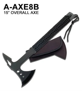 15" Tactical Axe w/Sheath Black Stainless-Steel with Survival Cord Wrapped Handle SKU A-AXE8B