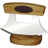 B Merry Ulu Fixed Blade Knife w/Stand 440 Stainless-Steel Blade/Birchwood Handle with Brown Leather Inlay SKU BMRUBL26
