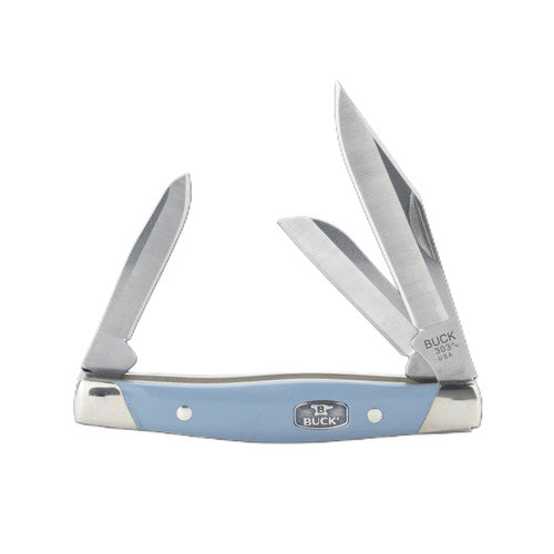 Buck Cadet 3 Blade Slip Joint Knife 420HC Stainless-Steel Blades/Blue Synthetic Handle with Silver Bolsters SKU  0303BLS-B