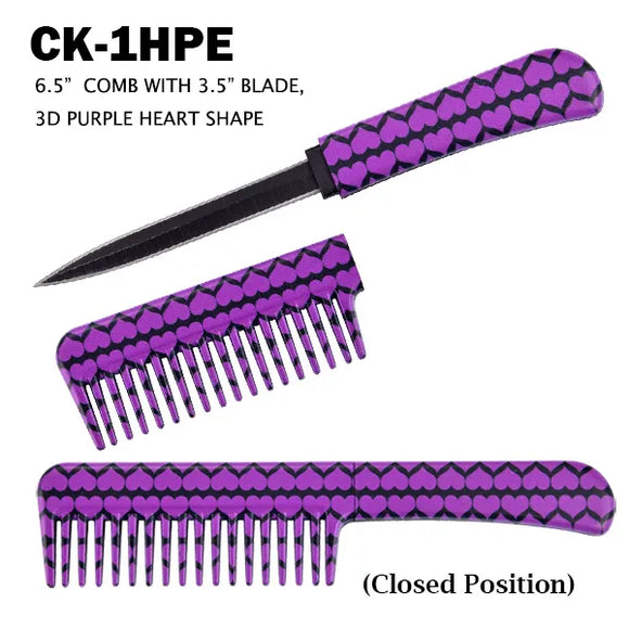 Self Defense Concealed Comb Knife Black Stainless Steel/3D Print Purple Heart SKU CK-1HPE