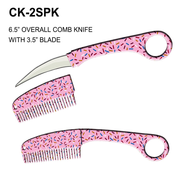 Self Defense Concealed Comb Knife Stainless-Steel Blade/3D Print Pink with Multi Color Sprinkles Handle SKU CK-2SPK