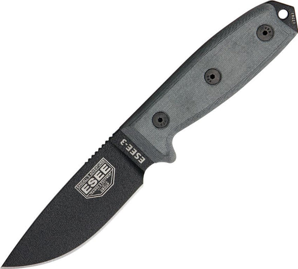 ESEE Model 3 Full Extended Tang Fixed Blade Knife w/Sheath Black 1095 High Carbon Steel Blade/Black Linen Micarta Handle 8.25