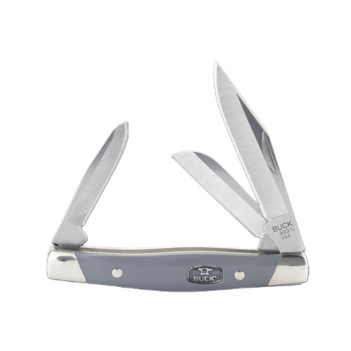Buck Cadet 3 Blade Slip Joint Knife 420HC Stainless-Steel Blades/Gray Synthetic Handle with Silver Bolsters SKU 0303GYS2B