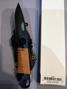 Defender-Xtreme Full Tang Hunting Knife w/Sheath Black Stainless-Steel Serrated Blade/OD Green Cord Wrap Handle SKU 6788
