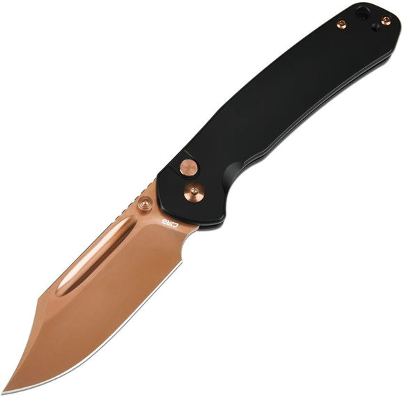 CJRB Bowie Pyrite Button Lock Knife Rose TiNi coated AR-RPM9 Stainless Blade/Black Steel Handle SKU J1942RG